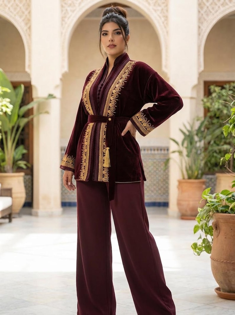 3-Piece Burgundy Velvet Caftan | Elegant Set with Gold Embroidery | Traditional Moroccan Clothing (Moroccan Jabadore)