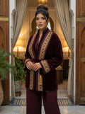 3-Piece Burgundy Velvet Caftan | Elegant Set with Gold Embroidery | Traditional Moroccan Clothing (Moroccan Jabadore)