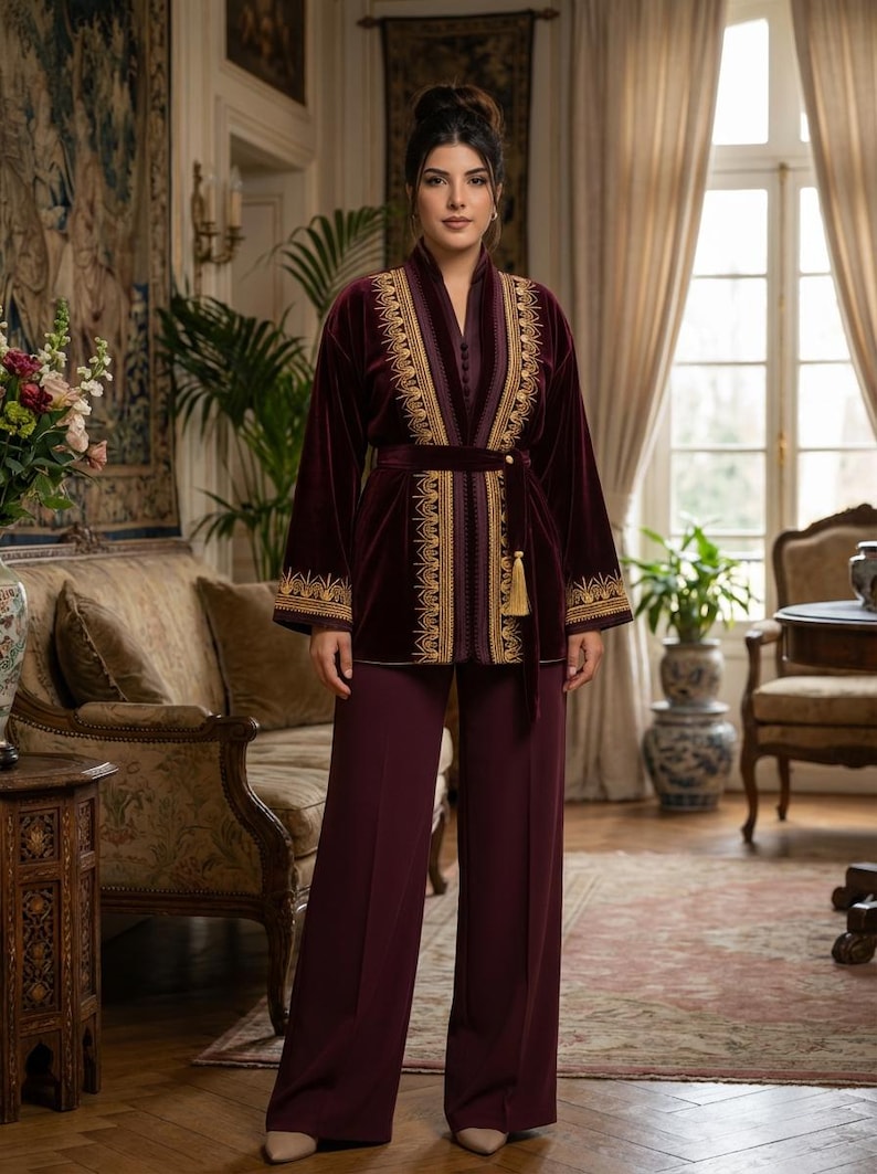 3-Piece Burgundy Velvet Caftan | Elegant Set with Gold Embroidery | Traditional Moroccan Clothing (Moroccan Jabadore)