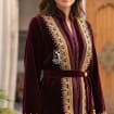 3-Piece Burgundy Velvet Caftan | Elegant Set with Gold Embroidery | Traditional Moroccan Clothing (Moroccan Jabadore)